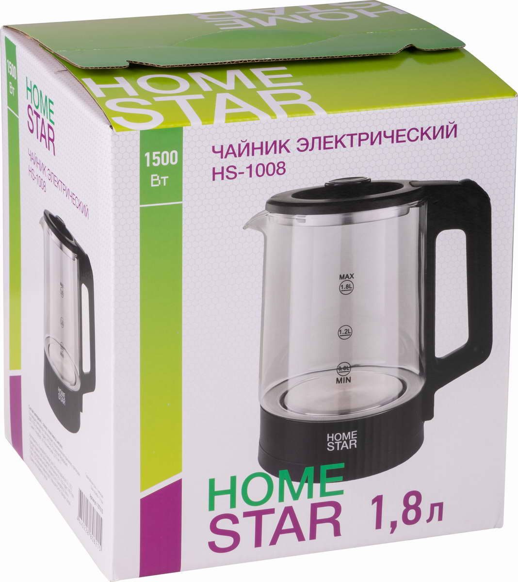 картинка Чайник Homestar HS-1008 (1,8л), стекло, черный от магазина GUTER MARKET 